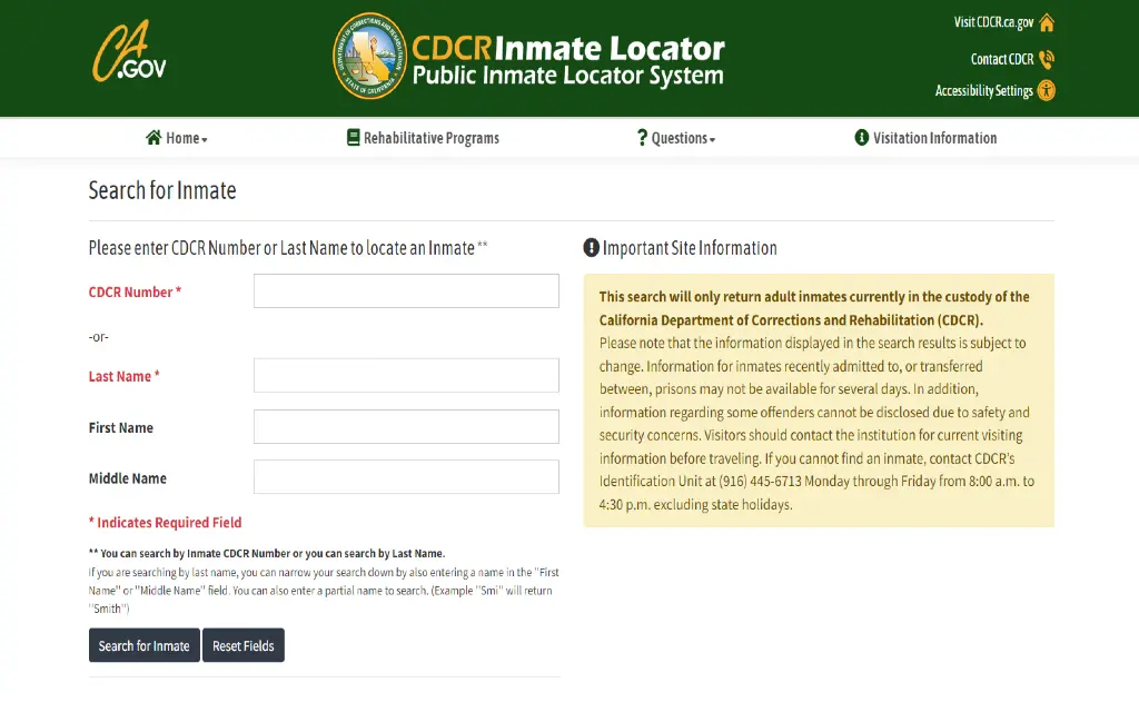 A screenshot of CA DOC inate search tool where state prisoners can be found by first name, last name, CDCR number and more. 