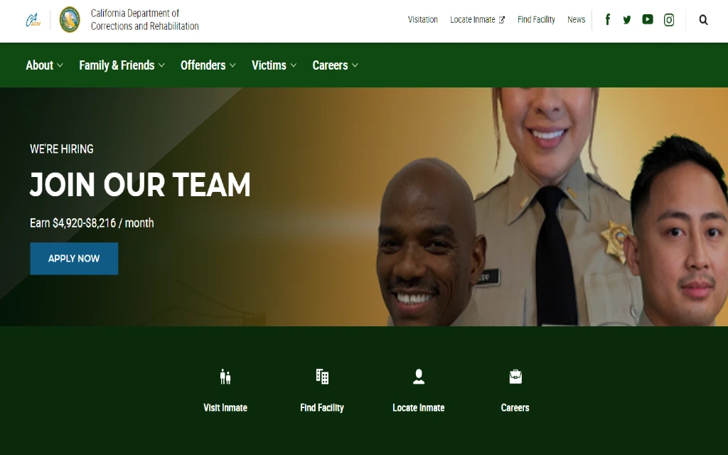 A screenshot of California's Department of Corrections DOC website. 