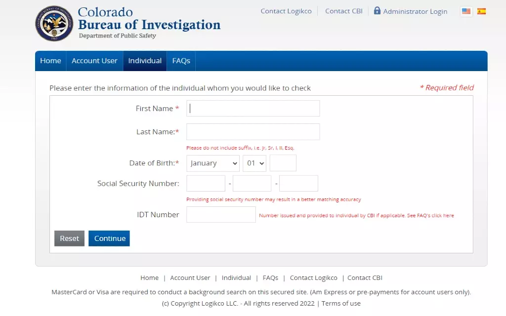 A screenshot of Colorado's Bureau of Investigation online criminal history checker which is a free resource for CO residents. 