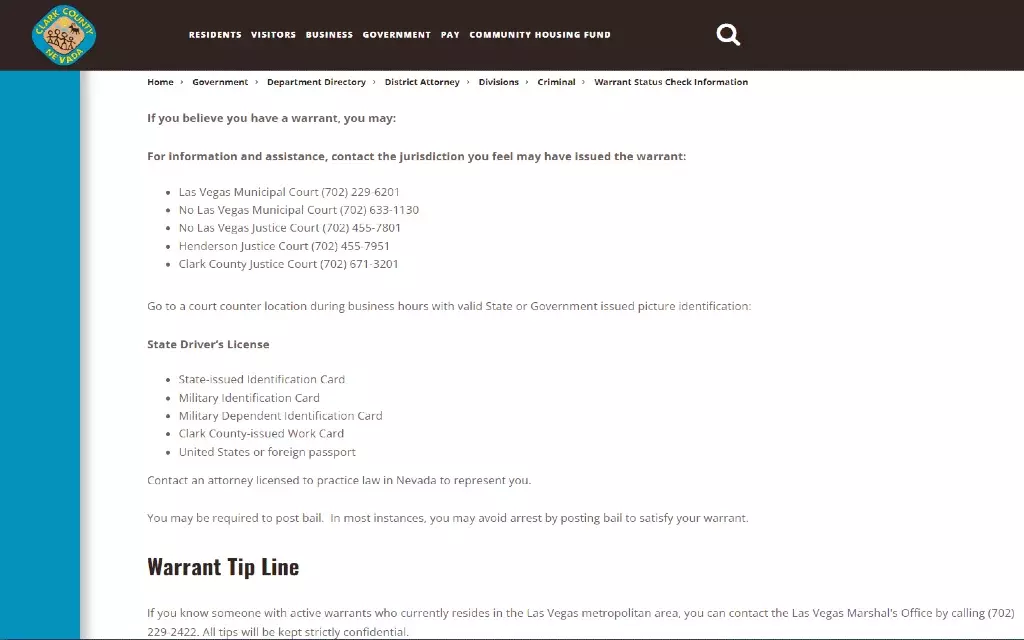 A screenshot showing warrants can be checked for free in Clark County Nevada by simply calling one of the municipal or justice courts.