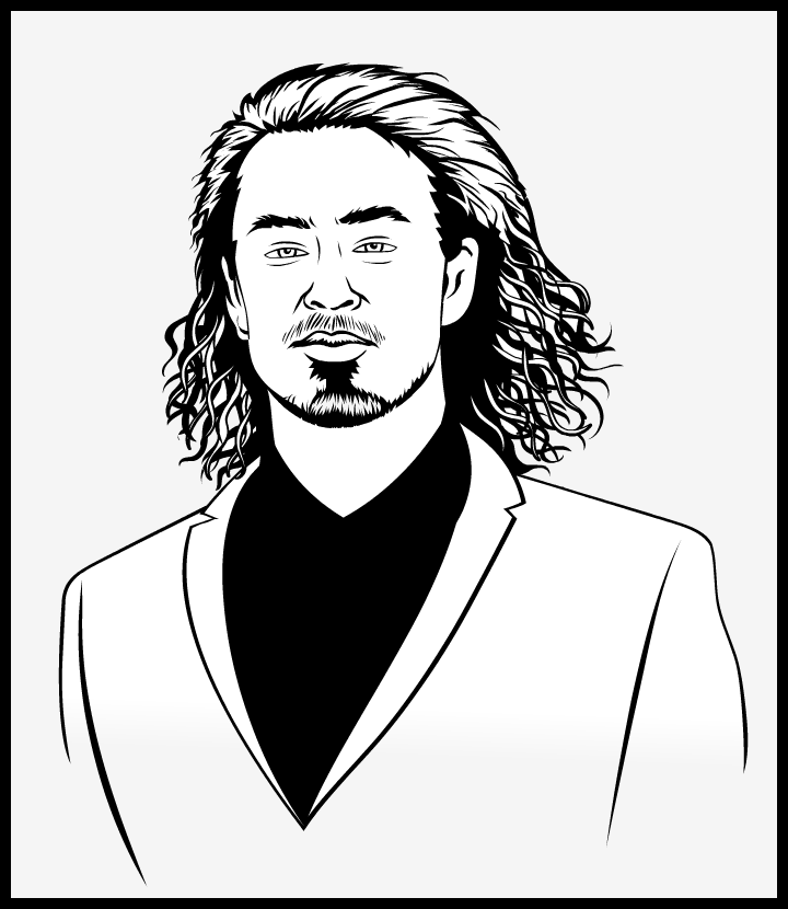A illustrated portrait of Jon Chambers who has long hair and formal attire on.