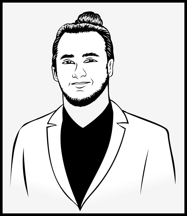 A black and white illustrated portrait of Nathan Petitpas who has his long hair tied in a bun and is wearing a suite jacket.