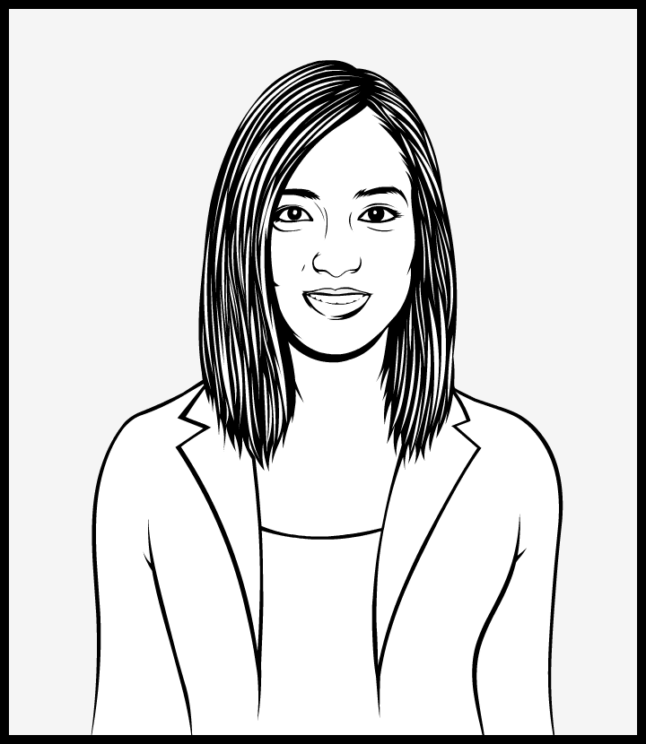 A drawing of Sheryll Santos who is in a formal jacket.