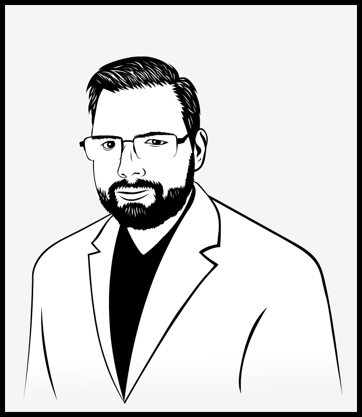 A black and white portrait of Mike Muise, the Communications Director at Records Page, where he's wearing glasses, has a comb over, and a goatee. 