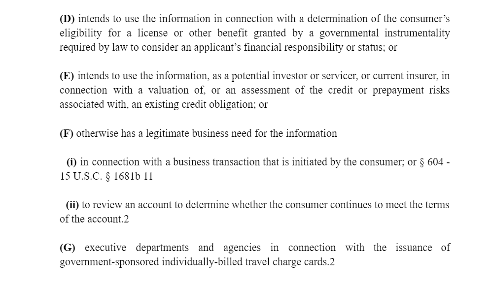 A secondary screenshot or continuation of Section § 1681a of the Fair Credit Reporting Act (FCRA) which outlines permissible uses of Consumer Reports. 