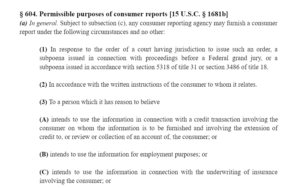 A screenshot of Section § 1681a of the Fair Credit Reporting Act (FCRA) which outlines permissible uses of Consumer Reports. 