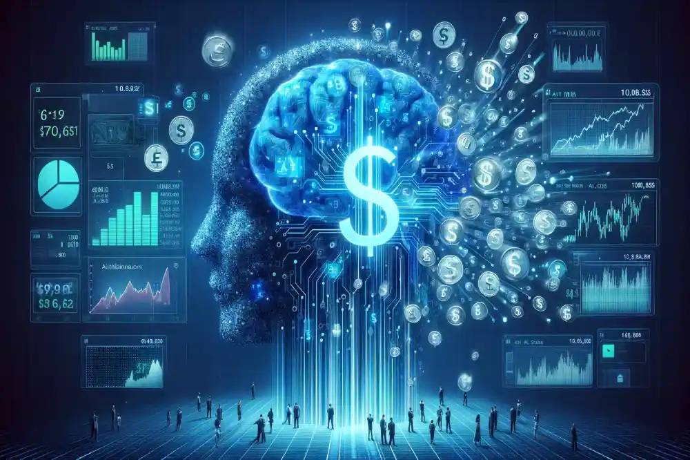 The futuristic illustration shows artificial intelligence (AI) and data analytics through a glowing blue brain of nodes and connections, surrounded by charts and data, with silhouettes of people interacting with the technology.