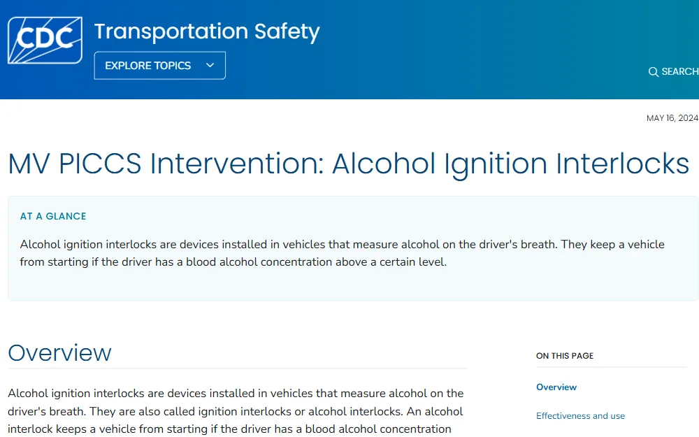 A screenshot of the overview of the alcohol ignition interlocks provided by the U.S. Centers for Disease Control and Prevention website.