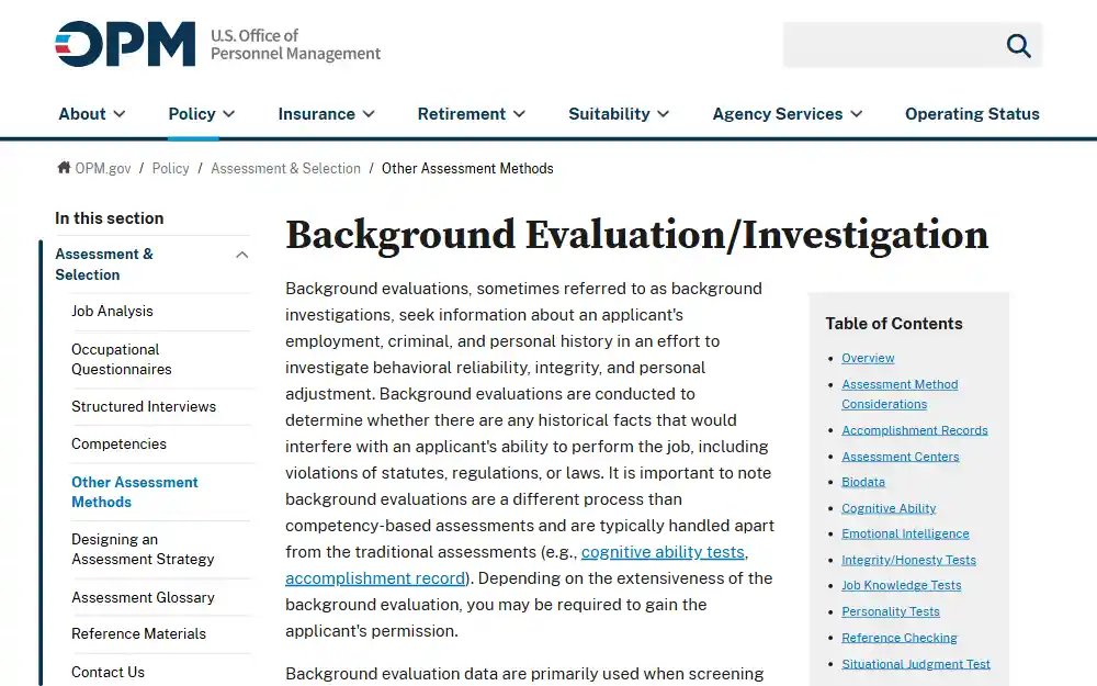 A screenshot of the definition of a background evaluation/investigation from website of the U.S. Office of Personnel Management.