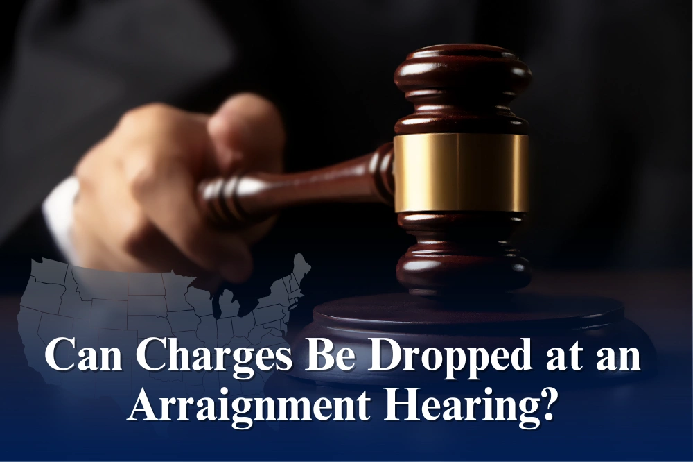 An image of a wooden gavel held by a person's hand, digitally overlaid by a blank map of the United States and the question about dropping charges during an arraignment hearing.