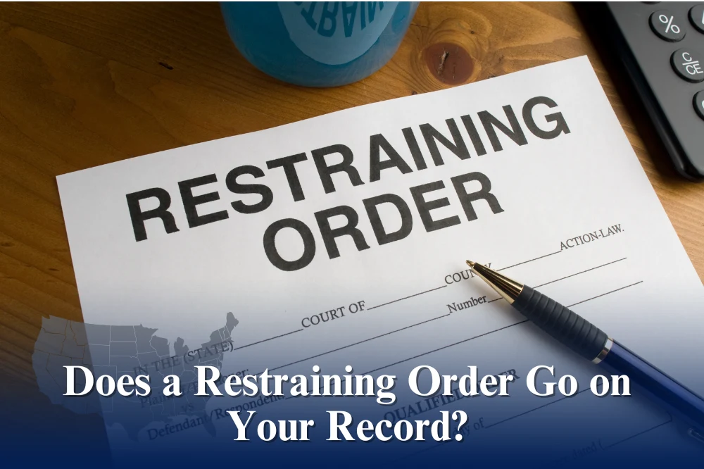 The image shows a restraining order form on a desk alongside a pen, calculator, and mug displayed at the top.