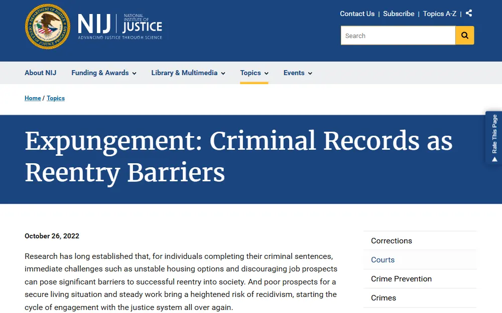 A screenshot of helpful research about expungement provided by the National Institute of Justice website.