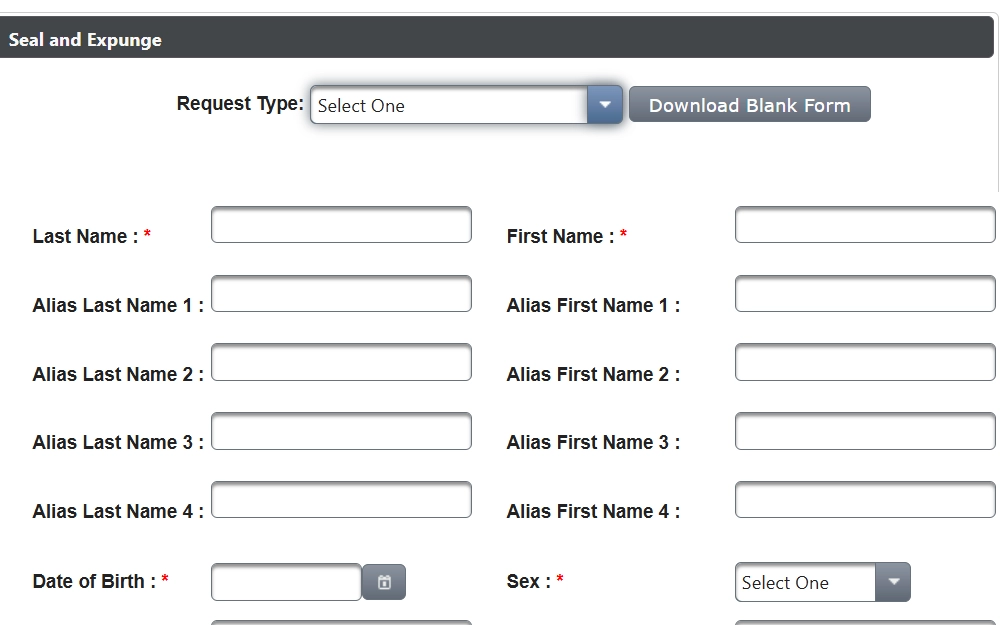 A screenshot of the Florida seal and expunge application form, with fields for personal information including aliases, date of birth, and sex.