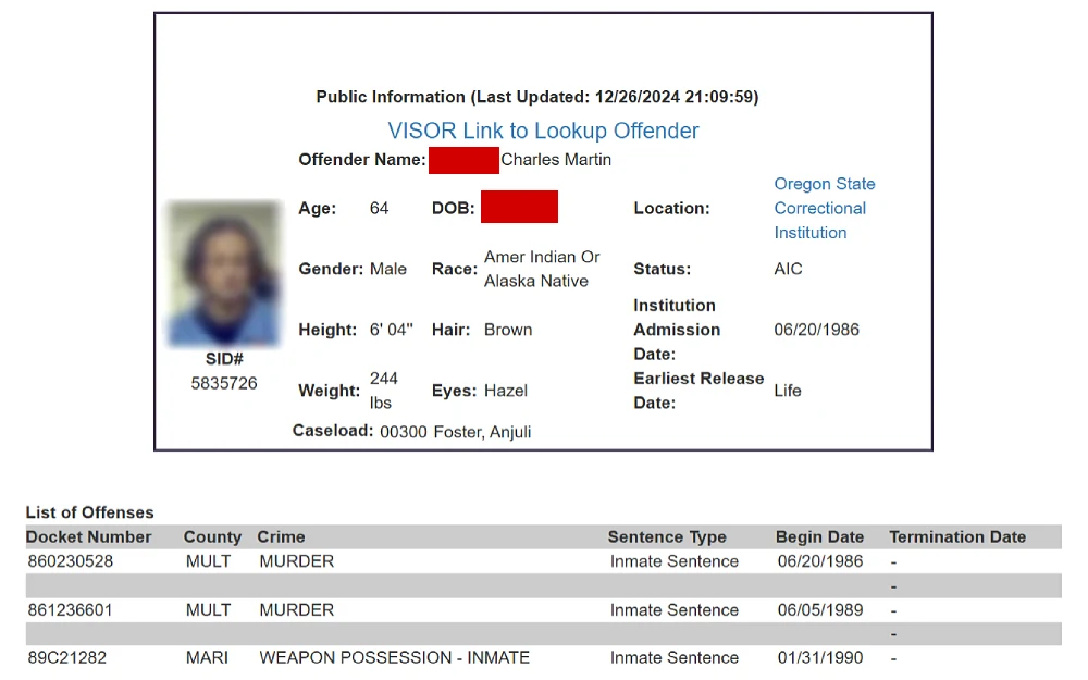 A screenshot showing an offender's public information with a mugshot photo, offender's name, age, date of birth, location, gender, status, height, weight, status, institution admission date, earliest release date, caseload details and list of offenses from the Oregon Department of Corrections website.