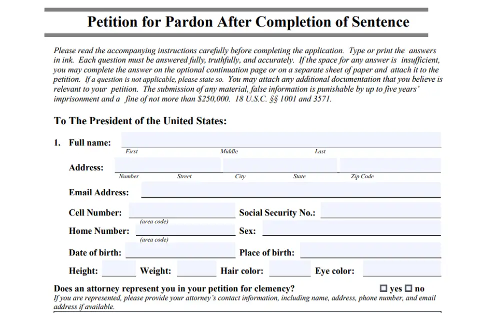 A screenshot from the United States Department of Justice, Office of the Pardon Attorney website displaying a petition for pardon after completion of a sentence with details to fill in such as full name, address, email address, cell number, home number, social security number, home number, sex, date and place of birth and others.