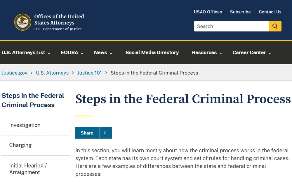 A screenshot from the Offices of the U.S. Attorneys shows the Department of Justice seal, a small search field at the upper right, menu options, and the page dedicated to the federal crime process, which includes a panel on the left side displaying the first three steps (i.e., investigation, charging, and initial hearing or arraignment).