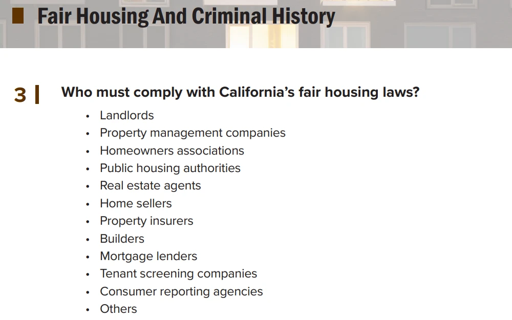 An image showing a list of entities that must comply with California's fair housing laws, including landlords, property managers, homeowners' associations, and other relevant groups.