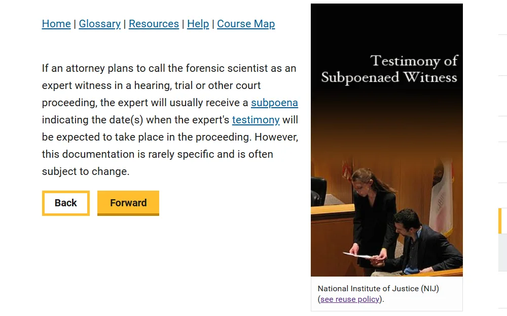 A screenshot taken from the National Institute of Justice displays a text about summoning an expert witness to court with a subpoena beside a photo of two professionals in a court.